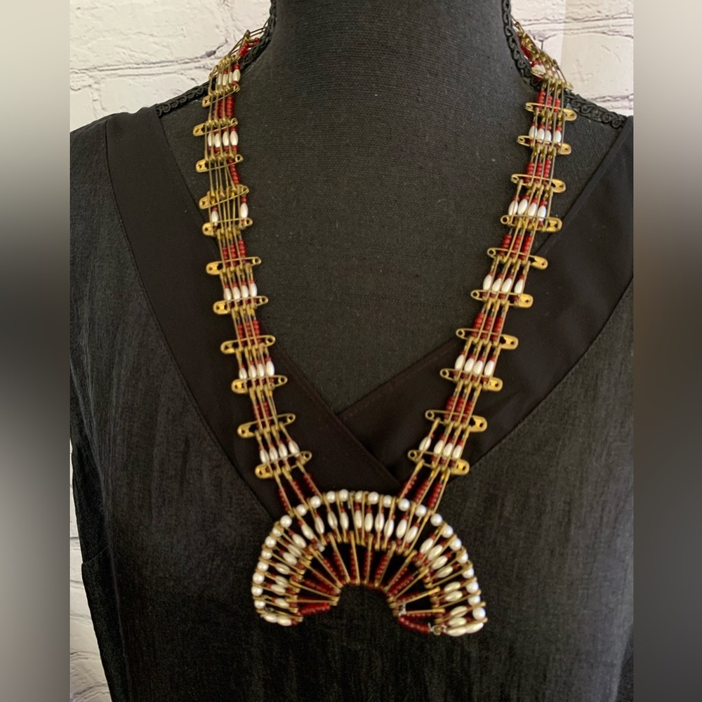 Brass Safety Pin Beaded Squash Blossom Necklace